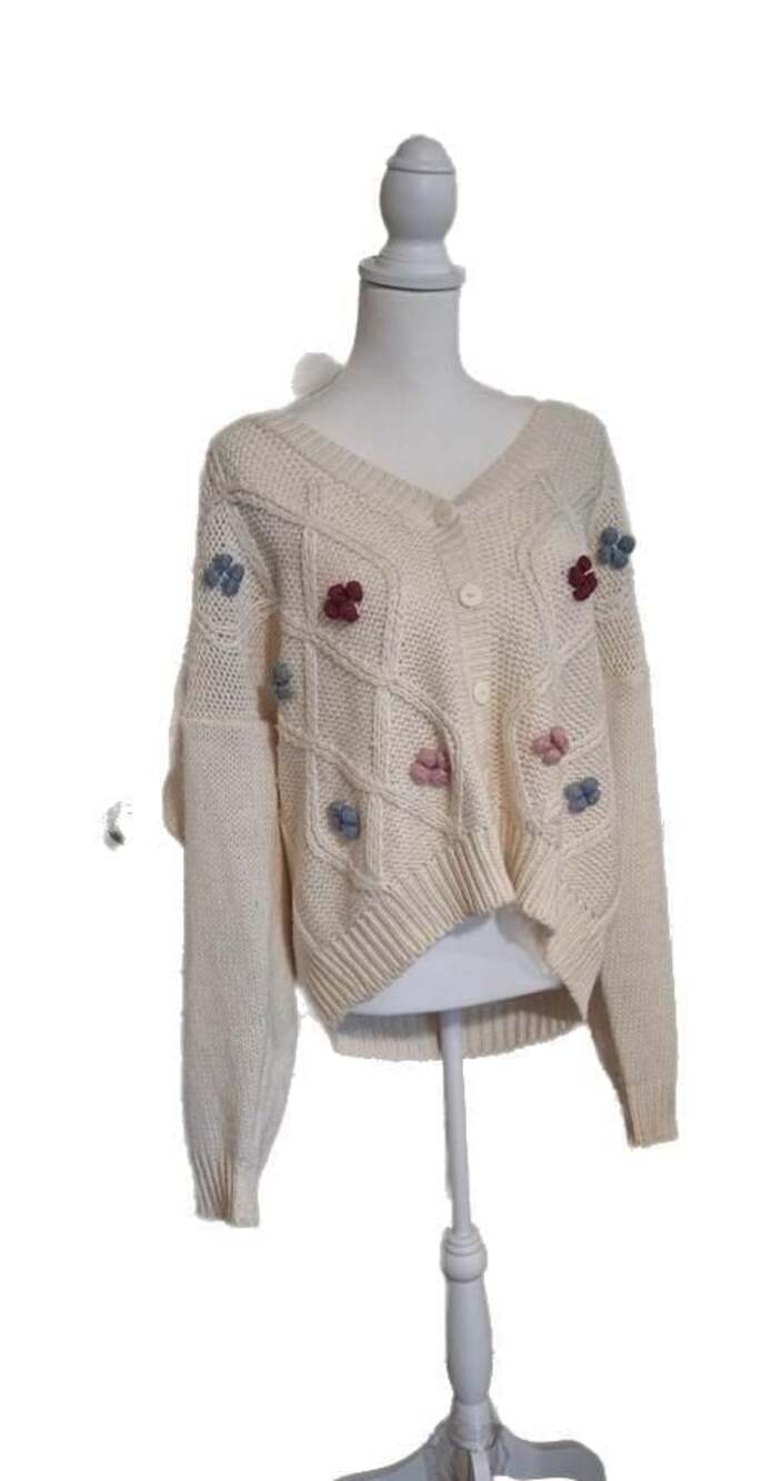 VTG Hand Knitted Cream Cardigan Sweater, Floral  jewel tone Bobbles. Sz. 22 W